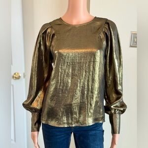 Glam Shimmering Puff Sleeve Metallic Gold Lame Party Holiday Blouse Sz Small